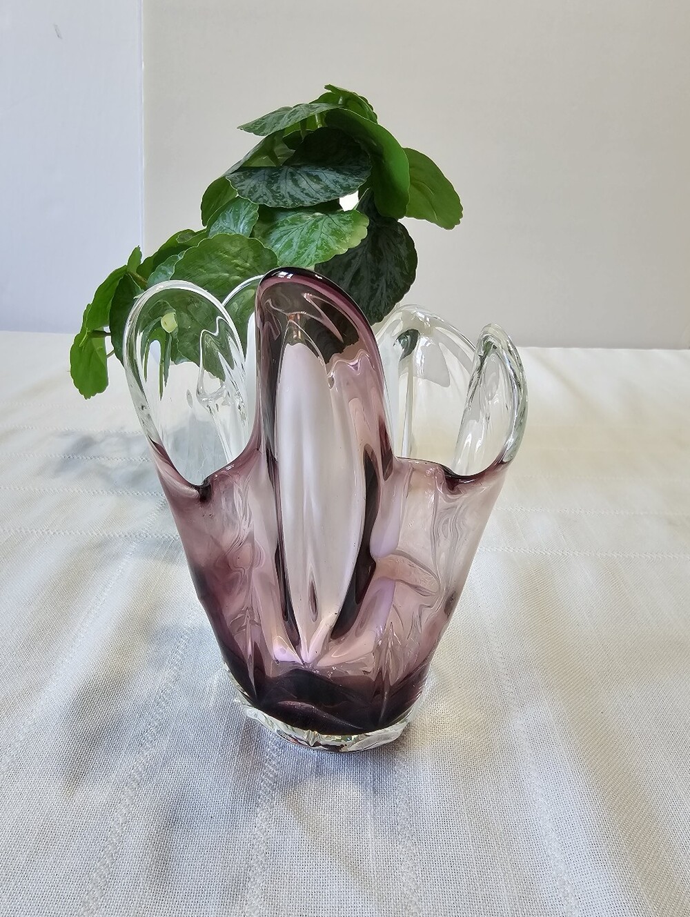 Vintage Amethyst White Cased Hand Blown Art Glass Sculptural Vase